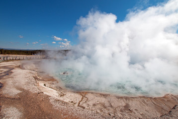 Excelsior Geyser in the Midway Geyser Basin next to the Firehole River in Yellowstone National Park in Wyoming US