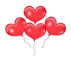 Realistic 3D red balloons in the shape of heart. Isolated on white background. Valentines Day. Vector illustration