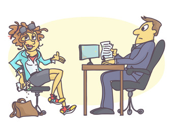 Cartoon illustration with sloppy young woman on job interview, eating sandwich, wearing dirty and wrinkled clothing, behaving rude and unprofessional.