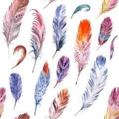 Colorful watercolor feathers pattern. Ethnic hand drawn motif for wrapping, wallpaper, textile © natikka