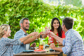 Group of friends toasting during a party on a terrace in summer
