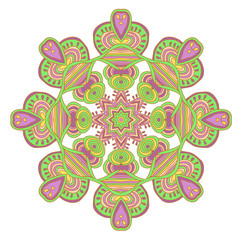 Round symmetrical pattern in pink, green and white colors. Mandala. Kaleidoscopic design. Sacred geometry. Cinco de mayo. Ethnic background.
