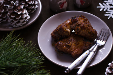 Spicy ribs with soy sauce and mustard and cones