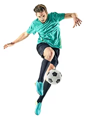 Poster one caucasian soccer player man isolated on white background © snaptitude