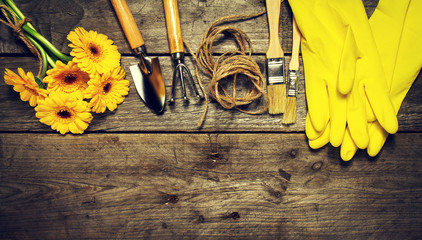 Gardening tools, flowers, rope, brushes and gardening gloves on
