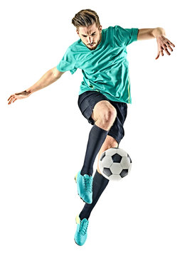 Fototapeta jeden kaukaski gracz piłki nożnej mężczyzna na białym tle