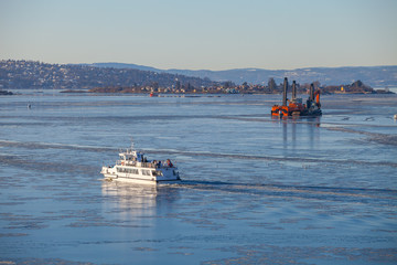 OSLO, NORWAY - 27 FEB 2016. White cruise ship in Oslo bay.