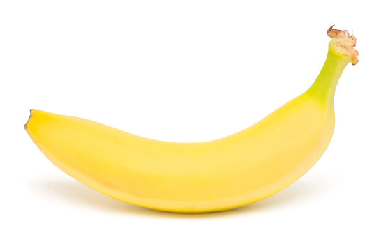 Single banana against white background. Isolated. Flat lay, top