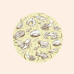 Seafood concept. Template with fish silhouettes for menu or brochure. Vector illustration