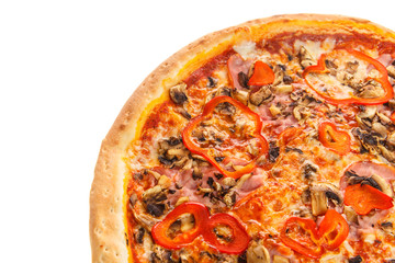 Fragment of delicious classic italian pizza with ham, vegetables, mushroom and cheese