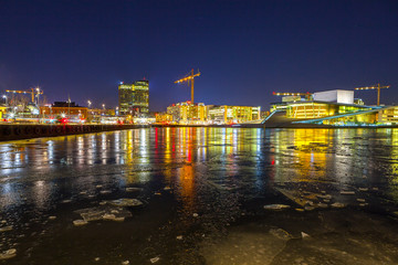 Night winter view of The Oslo Opera House and Bjorvika