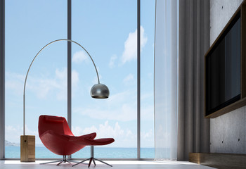 Interior design of loft living room and sea view