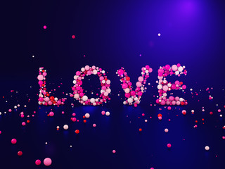 word Love consisting of pink spheres on a blue background