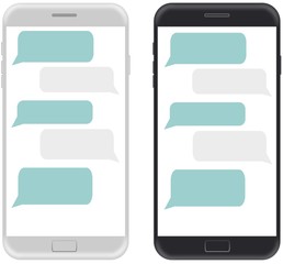 Smartphone black and white, chatting sms app template bubbles, black and white theme. Place your own text to the message clouds. Compose dialogues 