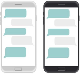 Obraz premium Smartphone black and white, chatting sms app template bubbles, black and white theme. Place your own text to the message clouds. Compose dialogues 