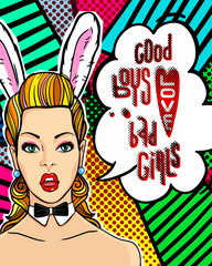 Woman face in pop art style with Bunny ears.