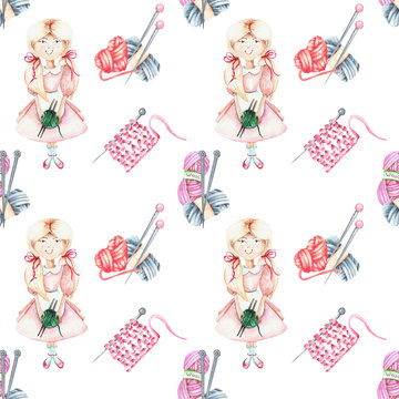 Seamless pattern with watercolor girl, yarn and knitting needles; hand drawn on a white background