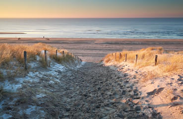 neige sur les dunes de sable de la côte de la mer du Nord