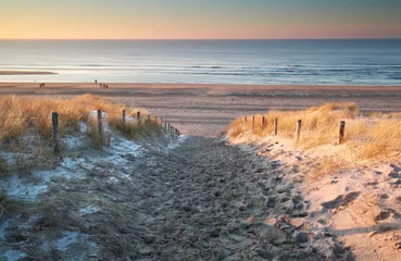 Poster de jardin Mer du Nord, Pays-Bas neige sur les dunes de sable de la côte de la mer du Nord