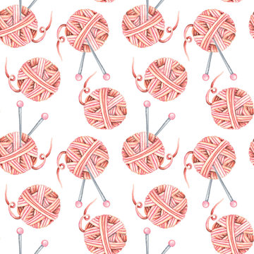 Seamless pattern with watercolor knitting elements: pink yarn and knitting needles; hand drawn on a white background