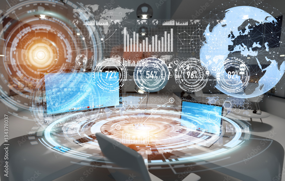 Poster Workplace with modern devices and hologram screens 3D rendering