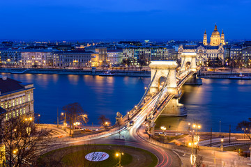 Panorama of Budapest with the Chain Bridge at night, Hungary
