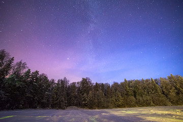 A clear night showing stars. Forest and frozen lake in Estonia.