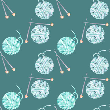 Seamless pattern with watercolor knitting elements: blue yarn and knitting needles; hand drawn on a dark blue background