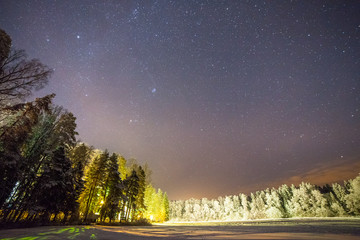 A clear night showing stars. Illuminated forest near frozen lake in Estonia.