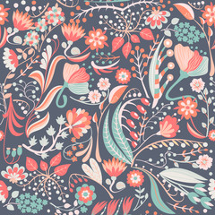 Floral seamless pattern. Hand drawn creative flower. Colorful artistic background with blossom. Abstract herb. It can be used for wallpaper, textiles, wrapping, card. Vector illustration, eps10