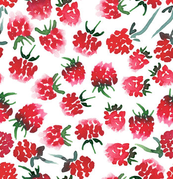 Bright juicy raspberry seamless pattern watercolor hand sketch