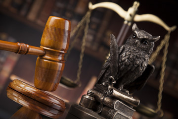 Law books, mallet of the judge, Courtroom background