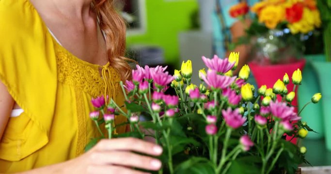 Beautiful female florist arraigning flowers in flower shop