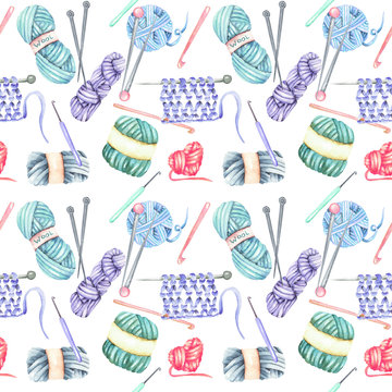 Seamless pattern with watercolor knitting elements: yarn, knitting needles and crochet hooks; hand drawn on a white background