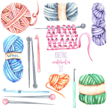 Set, collection with watercolor knitting elements: yarn, knitting needles and crochet hooks; hand drawn isolated on a white background