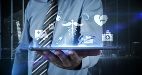 Mid-section of businessman touching virtual digital interface screen on digital tablet 4k - Powered by Adobe