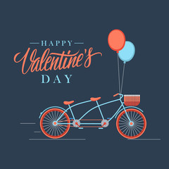 Happy Valentine's Day greeting card with bicycle and handwritten wishes. Flat design vector illustration.