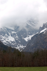 View of snow-covered mountains in clouds and the forest.