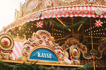 Ticket office with the inscription in German decorated in Christmas style. Celebration concept.