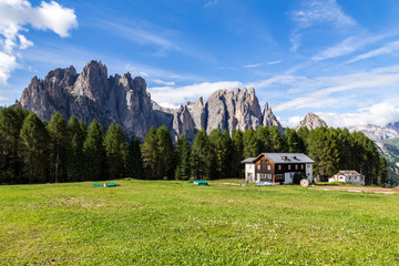 View of the Rosengarten (Catinaccio) in summer, in the Italian Dolomites