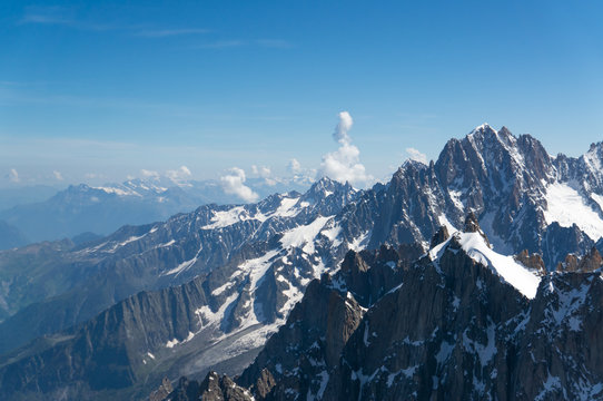 The peak on the Montblanc mountains in summer, full of snow