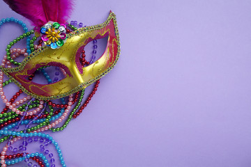 Festive, colorful group of mardi gras or carnivale mask on purple background.