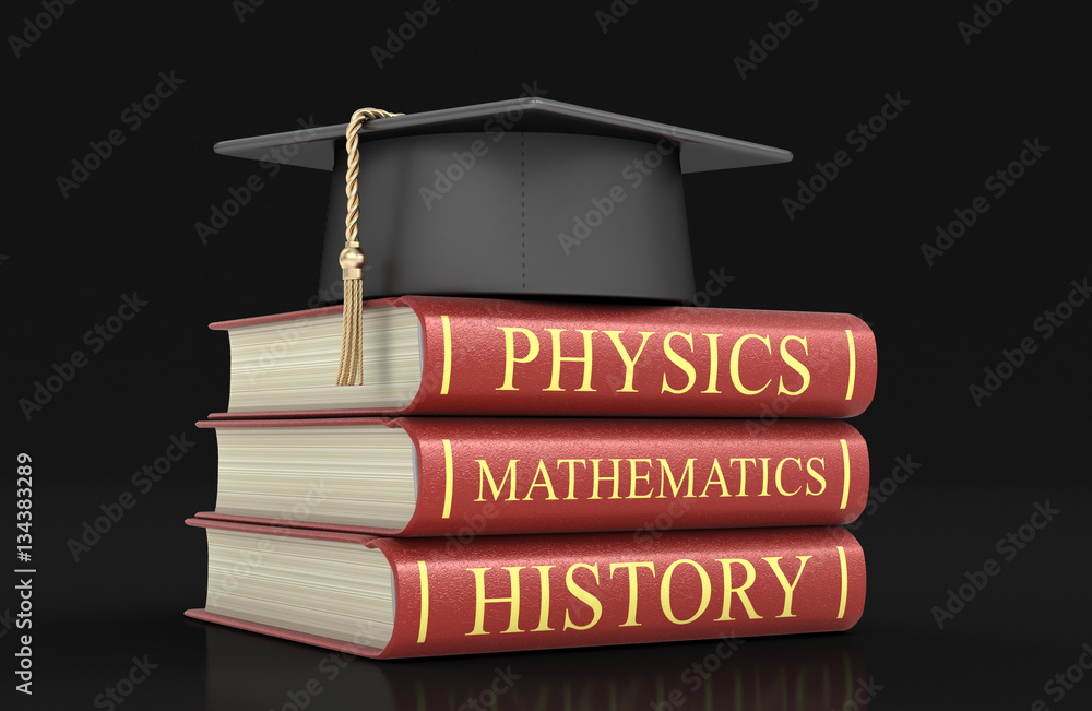 Poster graduation cap and stack of textbooks. image with clipping path
