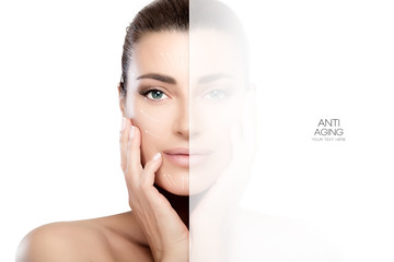 Faded side on smiling face of woman. Surgery and Anti Aging Conc