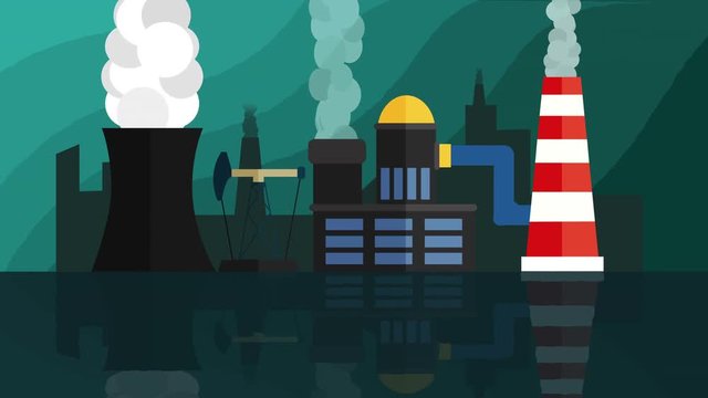 cartoon factory background seamless loop with space for your message, Pollution concept full hd and 4k. big chimneys with gray smoke.