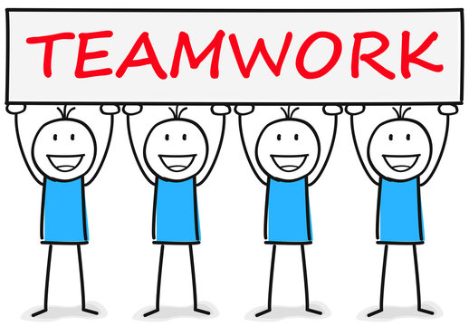 Teamwork Schild wird gehalten von Figuren die im Team arbeiten