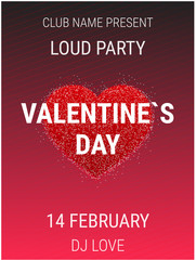 Valentines Day party poster template with shiny glitter heart