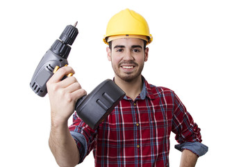 young man smiling with drill isolated on white background