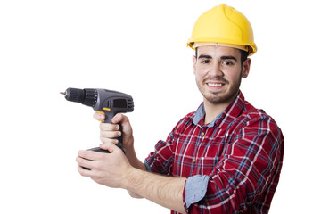 young man smiling with drill isolated on white background
