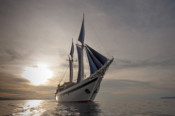 Traditional Indonesian Phinisi Schooner. These boats are made by hand and are designed to ply the waters of the Indonesian archipelago.  © LoweStock